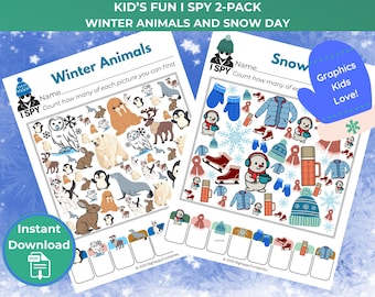 Juego de buscar y encontrar (paquete de 2) / Día de nieve y animales de invierno: juegos imprimibles para niños / Actividades de invierno / Hojas de trabajo para el aula / Descarga instantánea