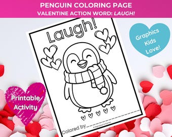 バレンタインペンギンのぬり絵 | 笑いのアクションワード | バレンタインペンギンの印刷可能 | 幼稚園・小学校低学年向け