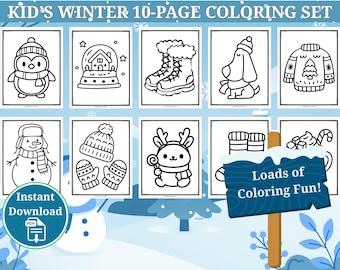 May include: A children's 10-page winter-themed colouring set. The illustrations include a penguin, snow globe, boots, dog, sweater, snowman, hat and mittens, and a reindeer. The sign reads "Loads of Colouring Fun!"