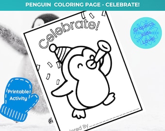 ペンギンのぬりえ — お祝い | 子供向け冬プリント | かわいいペンギンのぬりえシート PDF + JPG、教室のアートアクティビティ