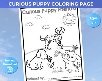 好奇心旺盛な子犬のお友達ぬりえ | 印刷可能な子犬ぬりえシート | 4～7歳のお子様向けアクティビティ | PDF + JPG 即時ダウンロード