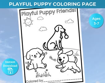 遊び好きな子犬のお友達ぬりえ | 印刷可能なぬりえシート | 4～7歳のお子様向けアクティビティ | PDFとJPG形式で即時ダウンロード可能