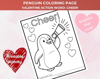バレンタインペンギンのぬり絵 | 応援アクションワード | バレンタインペンギンの印刷可能 | 幼稚園・小学校低学年向け