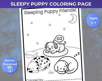 眠っている子犬の塗り絵（3～7歳のお子様向け）｜かわいい犬の塗り絵｜就寝前の塗り絵アクティビティ｜PDF/JPG形式で即時ダウンロード可能