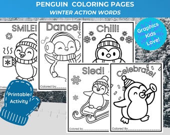 ペンギンの塗り絵（単語付き）｜冬のアクティビティ塗り絵セット｜かわいいペンギンの行動｜幼稚園、保育園、小学校低学年向け