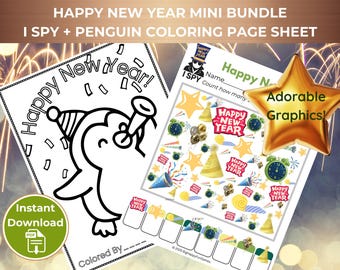 ハッピーニューイヤーミニバンドル - I Spy + ペンギンぬりえ | 子供向け新年アクティビティ、教室用印刷物、冬のパーティーアクティビティ