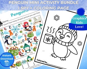 ペンギンミニアクティビティバンドル – 「I Spy Penguins」印刷物 + ペンギンぬり絵 | 冬の子供向けアクティビティ