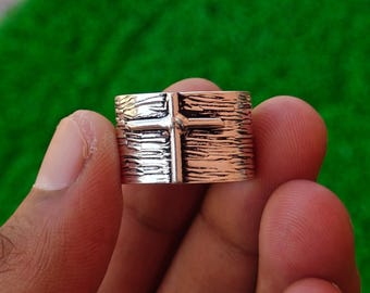 Sterling Silver Jesus Cross Ring, Rustic Hammered Band, Unisex Christian Jewelry
