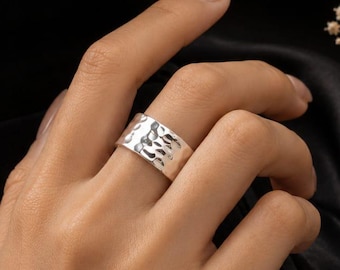Sterling Silver Hammered Wide Band Ring, Minimalist Statement Cuff, Adjustable Artisan Jewelry