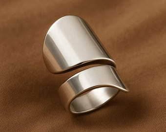 Sterling Silver Wrap Ring 925 • Adjustable Wide Band • Minimalist Open Statement Ring • Handmade Jewelry