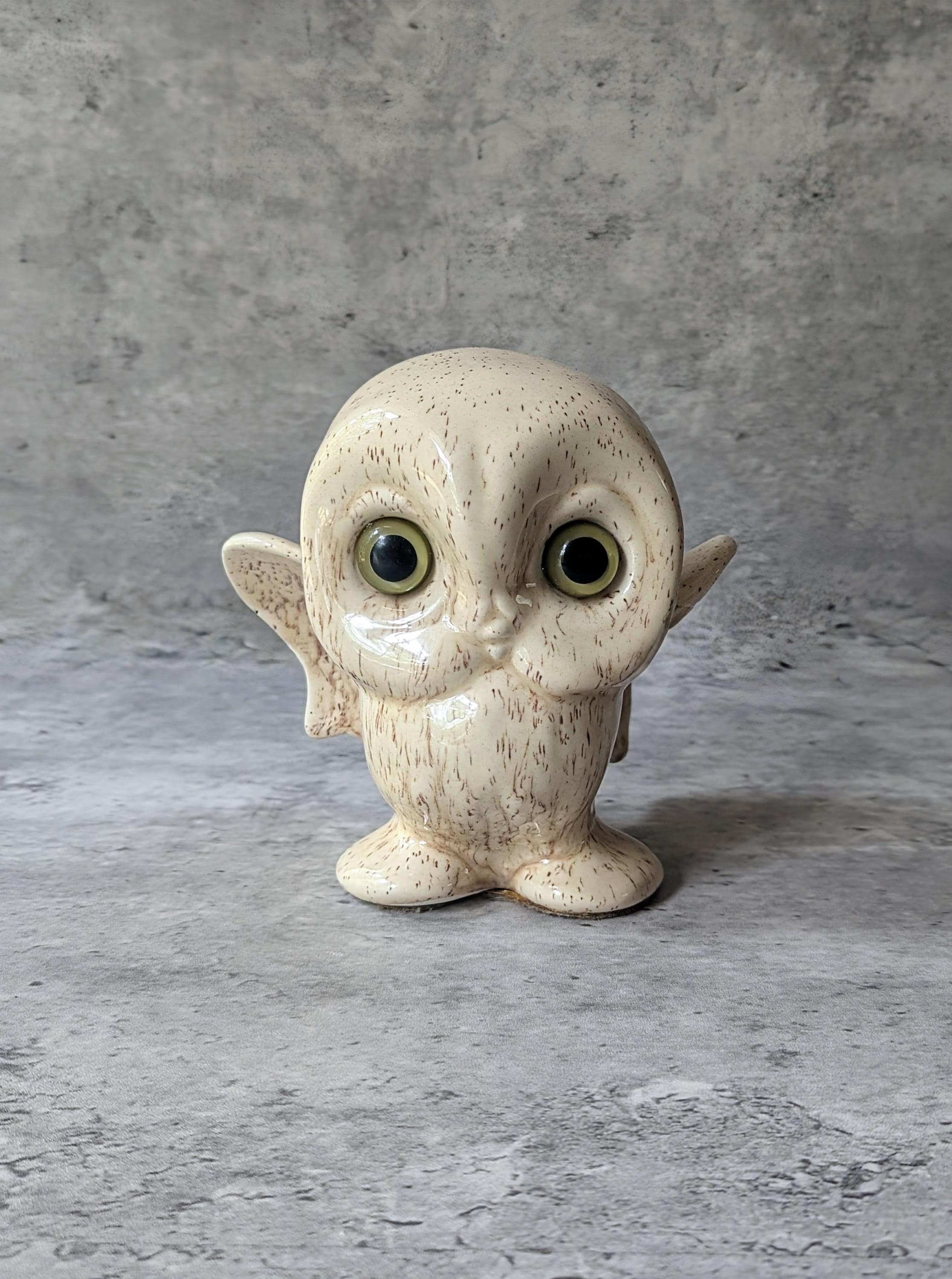 Vintage Big Eye Ceramic Owl Figurine| Quirky Mid Century Modern Speckled Owl Statue