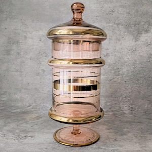 Vintage Pink Glass Apothecary Jar with Gold Stripes| Vanity Canister