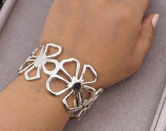 Sterling Silver Floral Cuff Bracelet – Wide Sculptural Statement Cuff, Luxury Artisan Jewelry