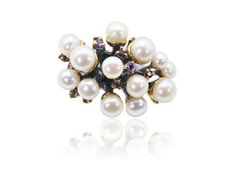 Cluster Pearl Statement Ring – Cultured Pearls, Sterling Silver & Vermeil, Multi Gemstone Ring, Size 8