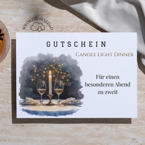 Candle Light Dinner Gutschein für Paare | Zeit statt Zeug | digitale Gutscheinvorlage zum ausdrucken | Jahrestag, Valentinstag, Geburtstag