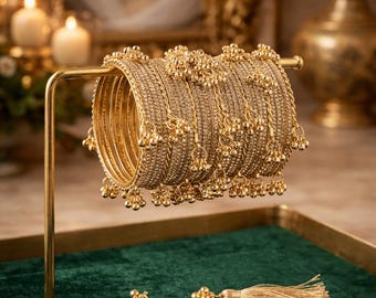 Golden Ghunghru Bridal Bangles Set | Kashmiri Ethnic Kada Jewelry | Wedding Bracelet