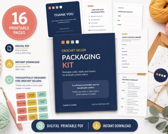 Crochet Seller Packaging Kit PDF, Printable Thank You Cards, Care Cards, Product Labels, Order Inserts, Handmade Business Kit