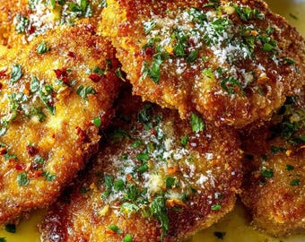 May include: Close-up of golden-brown, breaded food, possibly chicken or cutlets, garnished with fresh green herbs, grated cheese, and red pepper flakes. The food is served on a plate with a yellow sauce.