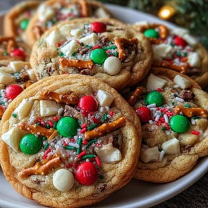 May include: Close-up of several festive cookies on a white plate. The cookies are round, golden brown, and topped with white chocolate chunks, red and green sweets, pretzel pieces, and colourful sprinkles. A delicious treat.