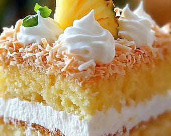 May include: A slice of layered cake with a yellow sponge base, a white cream filling, and a whipped cream topping. The cake is garnished with shredded coconut, a pineapple slice, and a sprig of mint.
