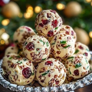 Puede incluir: Primer plano de un montón de dulces festivos y redondos. Los dulces son de color blanco cremoso, salpicados de arándanos rojos, trozos verdes y nueces picadas. Están dispuestos en una fuente plateada decorativa, perfecta para una reunión festiva.