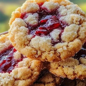 May include: Close-up of several golden-brown cookies with a generous filling of red jam. The cookies are coated in granulated sugar, giving them a sparkling appearance. The jam filling is glossy and vibrant, creating a delicious visual appeal.