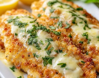 May include: Close-up of two breaded chicken breasts topped with melted cheese and fresh parsley. The chicken is golden brown and sits on a white plate with a creamy sauce. Slices of lemon are in the background.