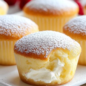 以下が含まれることがあります： 粉砂糖をまぶした、金色のカップケーキのクローズアップ。1つのカップケーキには一口食べられており、白いクリームフィリングが見えています。カップケーキは黄色の紙のカップに入っており、ベーカリーや自家製のお菓子を連想させます。