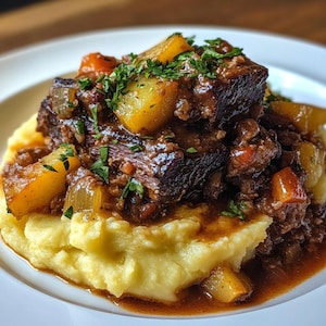 May include: A close-up of a plate of braised short ribs served over creamy mashed potatoes. The dish features tender, dark brown meat, chunks of potatoes, carrots, and onions in a rich gravy, garnished with fresh parsley.