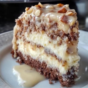 May include: A slice of layered cake on a white plate. The cake has a dark brown base, a creamy white filling, and a topping of nuts and a light-colored glaze. A small amount of glaze has dripped onto the plate.