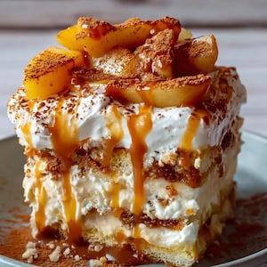 May include: A slice of layered dessert with whipped cream, caramel drizzle, and sliced fruit. The dessert is topped with a dusting of cocoa powder and sits on a light blue plate. The cake has multiple layers of cream and cake.