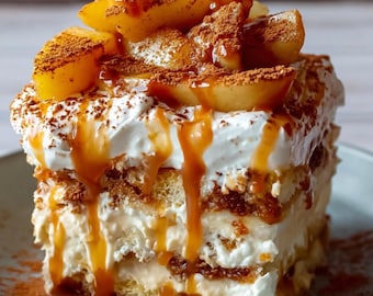 May include: A slice of layered dessert with whipped cream, caramel drizzle, and sliced fruit. The dessert is topped with a dusting of cocoa powder and sits on a light blue plate. The cake has multiple layers of cream and cake.