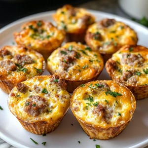 Pode incluir: Um prato de muffins de ovo de café da manhã recém-assados. Os muffins têm uma crosta dourada, um recheio de ovo fofo e são cobertos com salsicha e ervas frescas. Os muffins são dispostos em um prato branco.