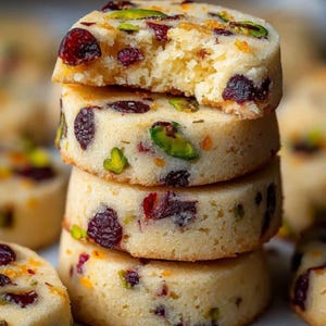 May include: A stack of four round cookies with a light-colored base, studded with dried cranberries, pistachios, and orange zest. One cookie has a bite taken out of it, revealing the interior texture. The cookies are stacked on top of each other.