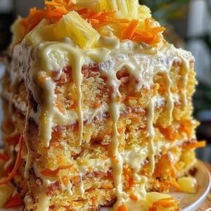 Puede incluir: Una rebanada de pastel de zanahoria con glaseado blanco goteando por los lados. El pastel está cubierto con zanahorias ralladas y trozos de piña. El pastel está en un plato blanco.