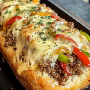 May include: A close-up of a Philly cheesesteak sandwich on a long, crusty roll. The sandwich is filled with seasoned ground beef, colorful bell peppers, and melted cheese. Garnished with fresh herbs, it's a hearty meal.