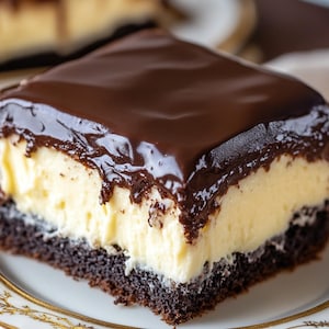 May include: A slice of layered dessert with a dark chocolate ganache topping. The dessert features a dark brown base, a creamy yellow middle layer, and a glossy, dark chocolate top. It is served on a white plate with a gold rim.