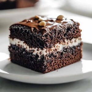 May include: A square slice of chocolate cake with a white cream filling and a dark chocolate glaze. The cake is topped with a few light-colored nuts and sits on a white plate. The cake appears moist and delicious.