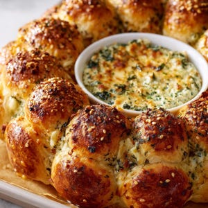 May include: A close-up shot of a baked bread wreath with sesame seeds and herbs. A white bowl in the center holds a creamy spinach and cheese dip. The bread is golden brown and appears freshly baked.