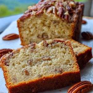 Könnte beinhalten: Ein geschnittenes Pekannussbrot, das seine Textur zeigt. Das Brot hat eine goldbraune Kruste und ist großzügig mit Pekannüssen belegt. Ganze Pekannüsse sind um die Scheiben herum verstreut, was auf einen hausgemachten Kuchen hindeutet.