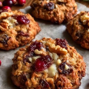 Puede incluir: Primer plano de varias galletas horneadas. Las galletas son de color marrón dorado, con arándanos rojos, trozos blancos y trozos de nuez. Las galletas están dispuestas sobre una superficie marrón claro.