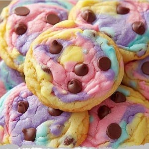 Può includere: Primo piano di diversi biscotti colorati con gocce di cioccolato. I biscotti hanno un vortice di colori pastello tra cui rosa, viola, giallo e blu. Le gocce di cioccolato sono marrone scuro e rotonde. I biscotti sono impilati uno sopra l'altro.