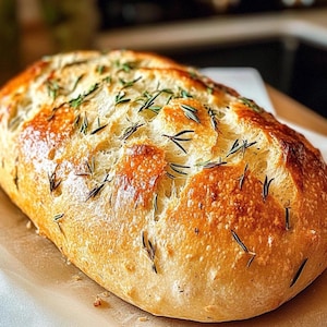 May include: A freshly baked loaf of bread, golden brown with a crispy crust, garnished with fresh rosemary. The bread rests on parchment paper. A delicious, homemade treat, ready to be sliced and enjoyed.