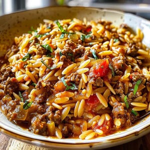 Puede incluir: Primer plano de un plato de pasta orzo con carne picada y tomates cortados en dados en una rica salsa marrón rojiza. Hierbas verdes frescas espolvoreadas por encima. El cuenco tiene un borde beige.
