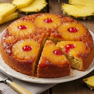 Può includere: Una torta rovesciata all'ananas a fette su un piatto bianco. La torta è guarnita con anelli di ananas e ciliegie rosse. Fette di ananas sono visibili sullo sfondo. Un coltello è appoggiato sul piatto.