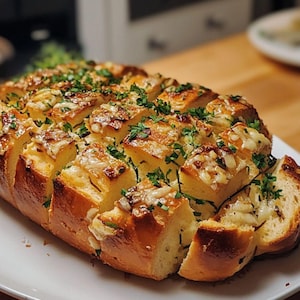 Könnte beinhalten: Ein Brotlaib mit Knoblauch, in Scheiben geschnitten und mit geschmolzenem Käse und frischer Petersilie belegt. Das Brot ist goldbraun und liegt auf einem weißen Teller.