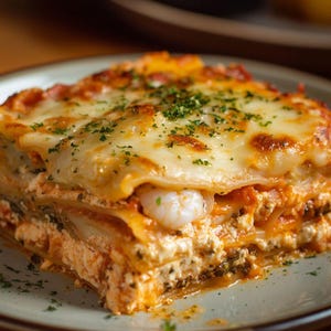 May include: A portion of lasagna on a plate, with layers of pasta, a creamy white sauce, red sauce, and melted cheese. The dish is garnished with green herbs. A shrimp is visible within the layers of the lasagna.