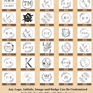 Peut inclure: Une collection de trente motifs de tampons noirs et blancs, circulaires et rectangulaires, présentant diverses initiales, couronnes florales et dates. Chaque motif est numéroté de 01 à 30. Le texte en bas indique : Any Logo, Initials, Image and Badge Can Be Customized Suitable For Wedding/Holiday Scenes.
