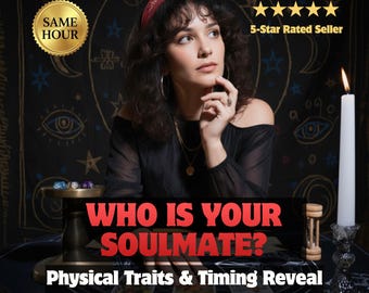 Puede incluir: Imagen de una mujer con cabello oscuro y una diadema roja, mirando pensativamente. La superposición de texto dice: "WHO IS YOUR SOULMATE? Physical Traits & Timing Reveal." Un sello dorado dice "SAME HOUR" y una pancarta dice "5-Star Rated Seller."