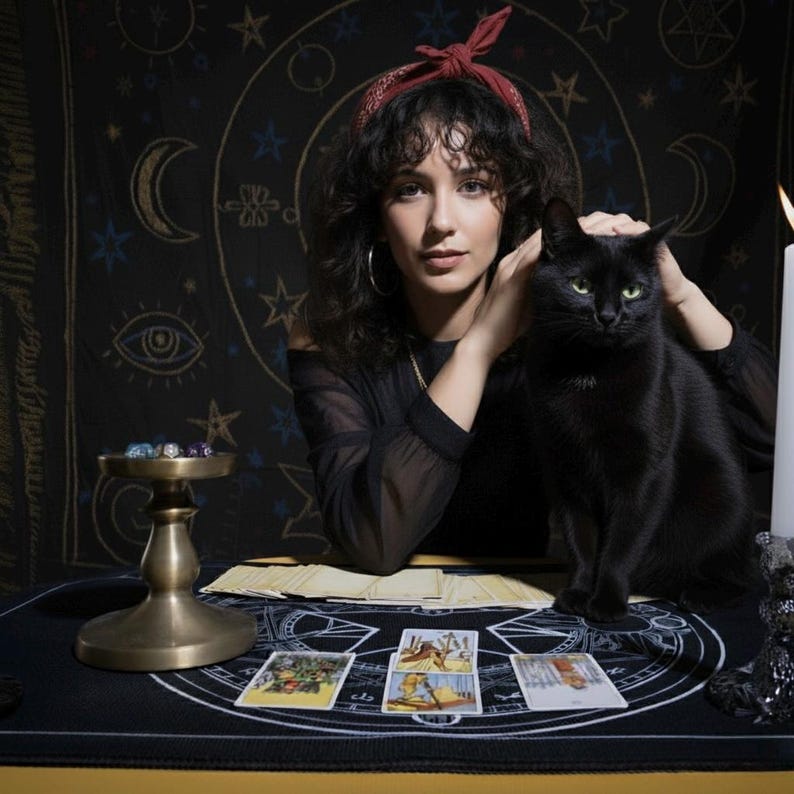 Puede incluir: Una mujer con cabello rizado oscuro y una diadema roja est&aacute; sentada con un gato negro. Las cartas del tarot est&aacute;n dispuestas sobre una estera negra con un dise&ntilde;o circular blanco. Un candelabro de lat&oacute;n y un plato peque&ntilde;o con piedras de colores tambi&eacute;n est&aacute;n sobre la mesa.